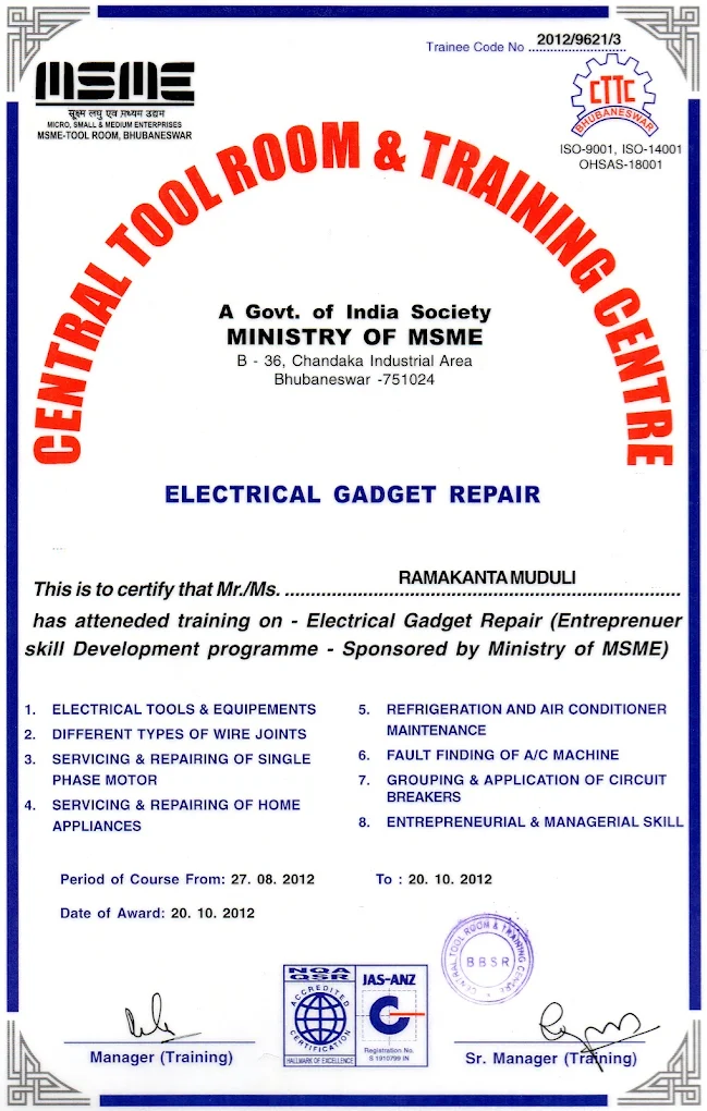 Electrical Gadget Repair certificate